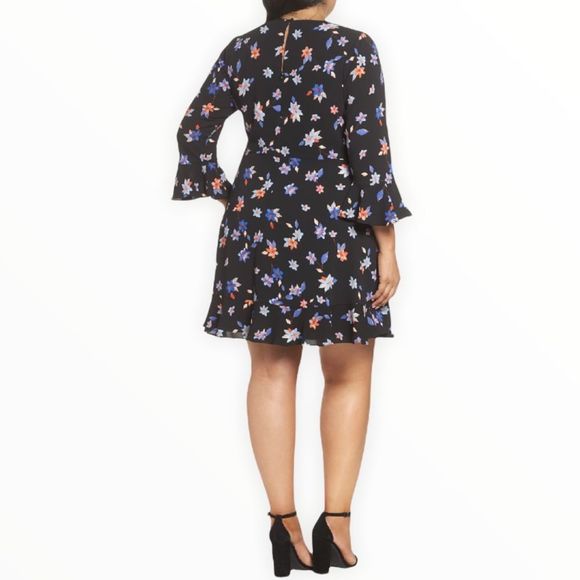 Eliza J Black Floral Ruffle Trim Sheath Flared Cuff Keyhole Back Dress size 16W - Picture 2 of 14